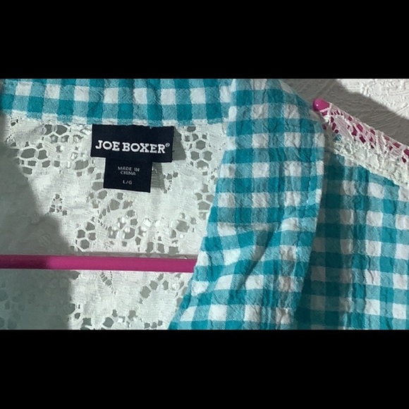 Joe Boxer - Sz L - Green blue Checkered crinkled button down w/ white lace back - Picture 2 of 7